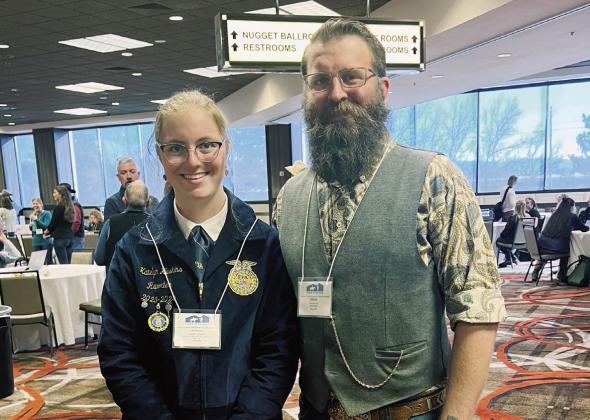 Katelyn Huskins, First place winner in the Society for Range Management’s Youth Forum, and Ethan Beeman, Rye FFA Advisor and Ag teacher, travel to Nevada contest. Courtesy Photo